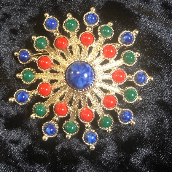 Vintage Sarah Coventry Brooch/pin Large Cabochon Multicolored Sunburst Goldtone - Picture 1 of 6